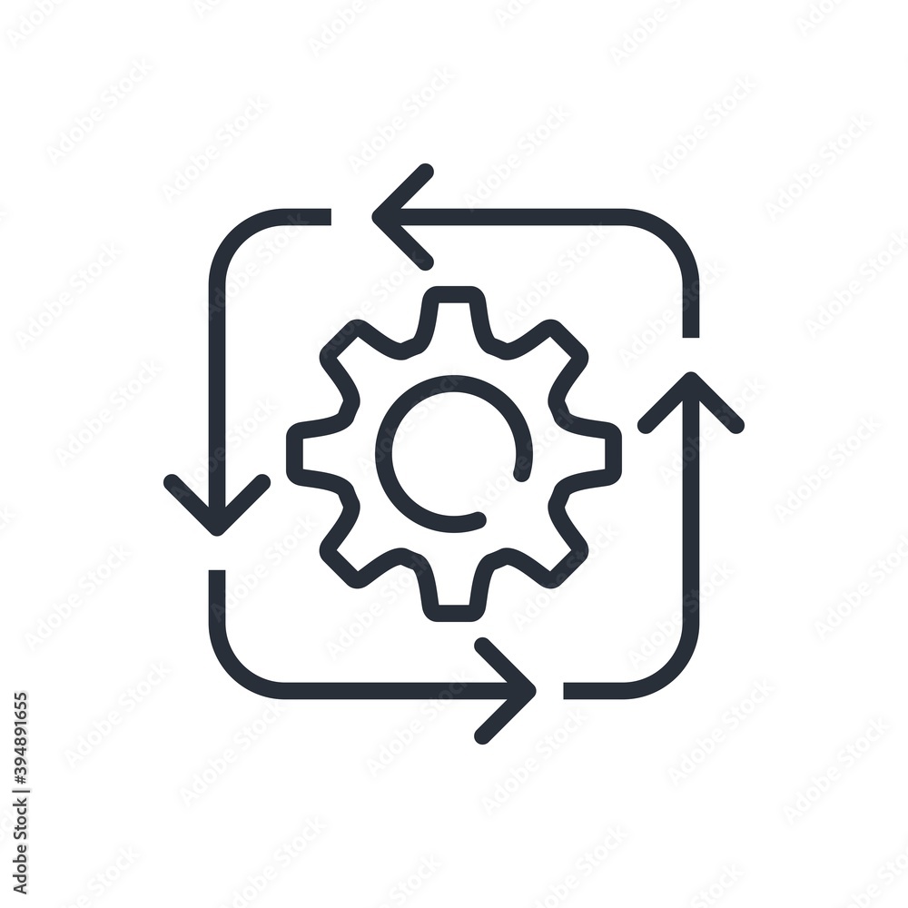 Poster cycle of rotation of arrows and gear. looped process. vector linear icon isolated on white backgroun