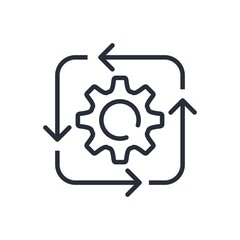 Cycle of rotation of arrows and gear. Looped process. Vector linear icon isolated on white background.