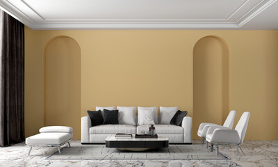 Modern cozy mock up interior design of living room and yellow decoration wall pattern background 