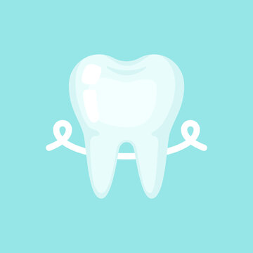 Tooth with a floss, cute colorful vector icon illustration. Cartoon flat isolated image