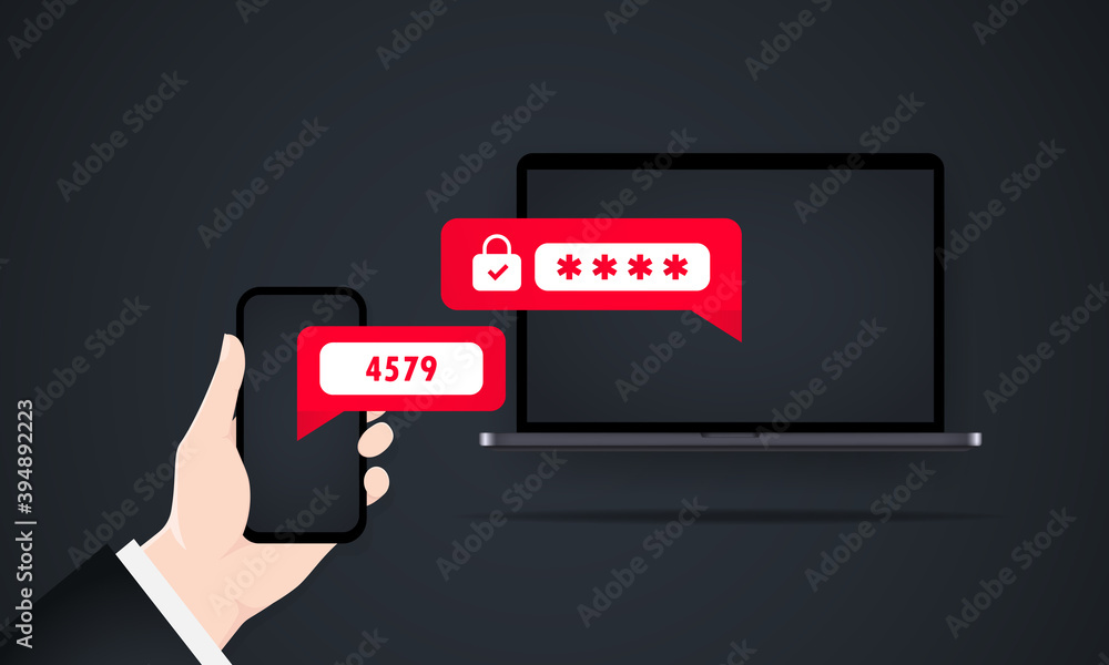 Poster two step authentication vector illustration. smartphone and computer safety login or signin. two ste