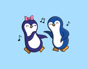 . The Penguins, boy and girl are dancing and listening to music. Cartoonish animal characters at the party and listening to music. Good for family look designs, t-shirts, etc. Vector illustration
