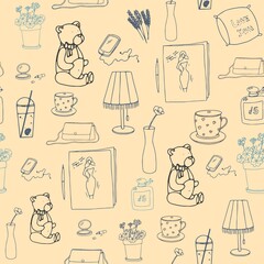 colorful seamless pattern with doodle elements, young girl life icons in retro style, vintage background