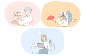 Online communication, chatting, e-learning concept. Elderly woman communicating online with son on tablet, girl watching yoga lesson, business woman sitting and searching for information for startup 