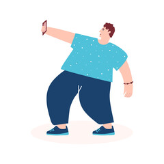 A man holding a smartphone in his hand and taking a selfie photo. Vector flat cartoon illustration in white background