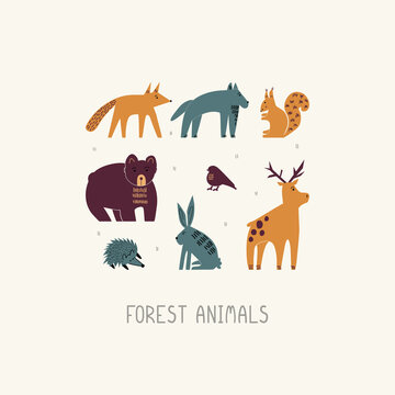 Collection of forest animals in flat style. Vector cartoon illustration