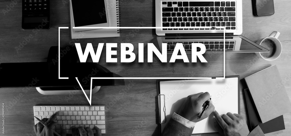 Aufkleber webinar hand on table use e-business browsing connection in computer, coffee, split tone