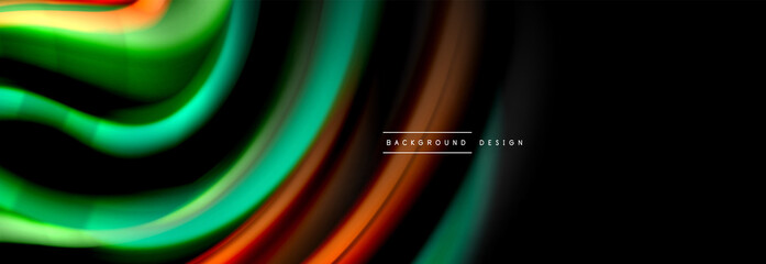 Dynamic motion abstract background. Color blurred stripes on black. Wave liquid lines poster. Vector illustration