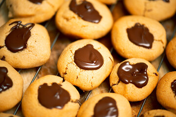 Chocolate nut biscuits being prepared for baking, food background.
