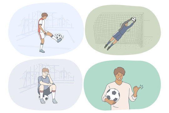 Professional football player, soccer ball and match concept. Young men football players and goalkeepers training and practicing skills on field during workouts. Sport, athletics, team sport vector 