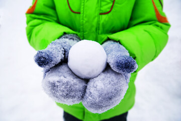 snowball in hands. Close-Up Of Cropped Hands Holding Snowball