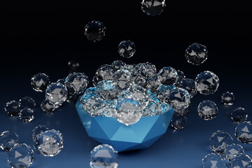 3D illustration of a large plate with transparent balls with many faces, crystals scatter in different directions on a black background