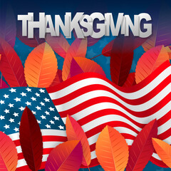 Thanksgiving banner. USA national flag. Red and orange fall leaves on black and white background. realistic vector illustration with lettering.