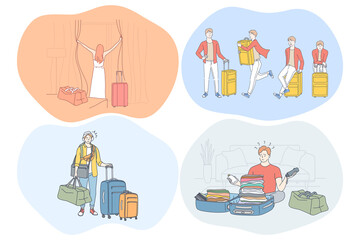 Travelling with luggage, vacations and journey with suitcases concept. Young people travellers tourists flying, traveling, arriving in places with baggage, bags and backpacks. Journey and road vector