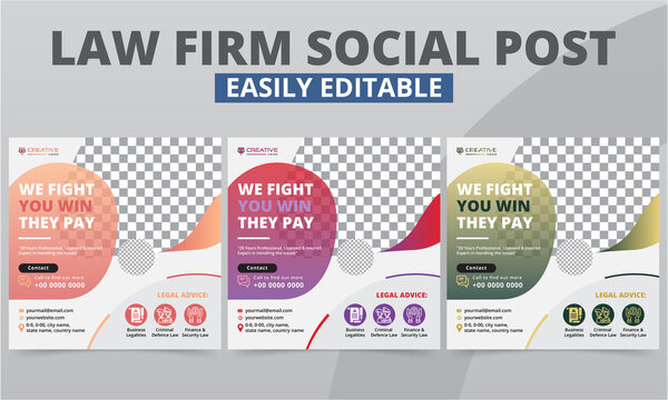 Law Firm Social Media Post Banner templates for Lawyer promo Legal vector sets. Premium Quality Geometric Identity Judicial Prosecution Social Layout square flyer & Web Ads with photo collage.