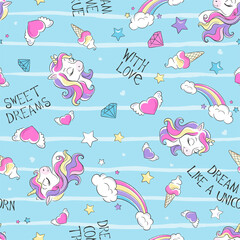 Art. Drawing for kids clothes or fabrics. Seamless unicorn pattern on a turquoise background.