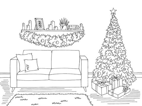 Living room graphic Christmas tree black white interior sketch illustration vector