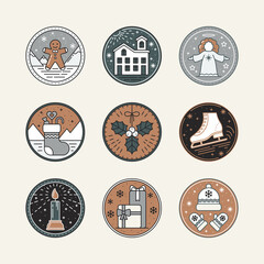 Christmas Line art Icon Set with Ginger, Snow House, Angel, Sock, Mistletoe, Skate, Gifts, Hat, Mittens and Candle in Flat style. For New Year, holidays, Xmas elements Collection vector illustration