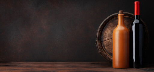 Wine bottles and old wooden barrel