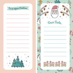 Letter Template for Dear Santa Claus or Christmas mail. Blank Letterhead with Space for Text and illustrations of Christmas Tree, Santa Claus, PineCones and Winter House. For greetings and invitations