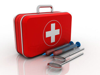 3d rendering hospital Dental mirror and Syringe with first aid box
