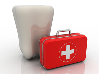 3d rendering healthy tooth with first aid box