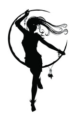 The silhouette of a beautiful young girl sitting elegantly on a crescent moon as if on a swing, she has long hair fluttering in the wind. 2d illustration
