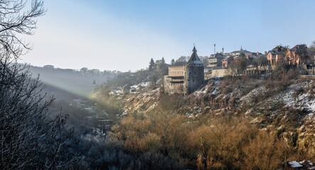 Fototapeta premium Smotrytsky canyon and river in Kamianets-Podilskyi, Ukraine
