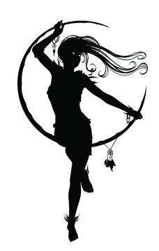 The silhouette of a beautiful young girl sitting elegantly on a crescent moon as if on a swing, she has long hair fluttering in the wind. 2d illustration