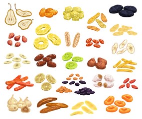 Dried fruits and candied berries isolated vector icons. Apricot, raisins, prunes or dates or figs, banana, pineapple or kiwi with lemon. Sun dry sweet snack, sugared vegetarian natural healthy dessert