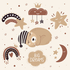 Fototapeta premium Children's clipart with a bear in pastel colors. Fabric pattern. Cartoon vector illustration.