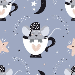 Seamless children's background with a mouse. Baby textures for fabrics, packaging, textiles, wallpaper, clothing. Cartoon vector illustration.