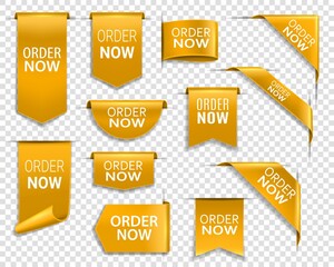 Order now gold banners, isolated 3d vector icons or labels. Bookmarks design elements. Realistic ribbons, corners, discount silk yellow promotional event shopping flags, golden tags business badges