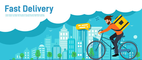 Fast Delivery order. Delivery guy walking around city on Bicycle. Blue horizontal Banner fast delivery food. Template layout poster or web. Vector illustration.