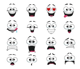 Cartoon face expression isolated vector icons, funny emoji fall in love, scared and shocked or licking lips. Facial feelings smile, laughing and yelling, surprised, toothy and upset emoticons set