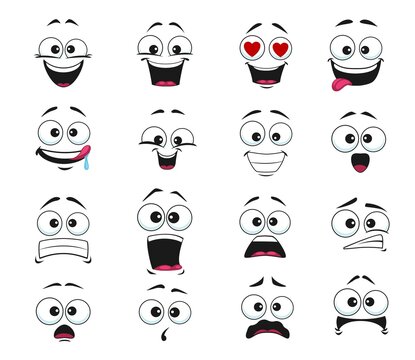 Cartoon face expression isolated vector icons, funny emoji fall in love, scared and shocked or licking lips. Facial feelings smile, laughing and yelling, surprised, toothy and upset emoticons set
