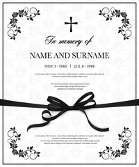 Funeral vector card with vintage condolence flower ornamental flourishes, christian cross, black mourning ribbon, name, birth and death dates place. Obituary memorial decorative funereal card template - obrazy, fototapety, plakaty