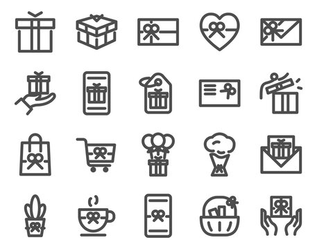 Gifts outline icons set. Different types gift icons.