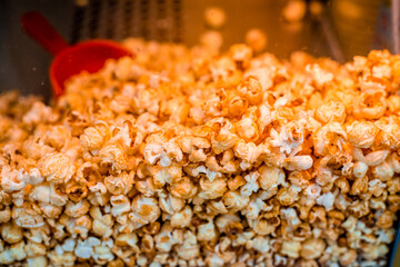 Sweet popcorn shop close up view