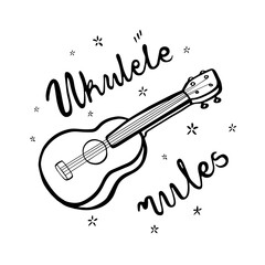 Ukulele and lettering Ukulele rules. Ink sketch illustration isolated on white background. 