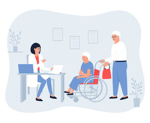 An elderly couple visiting a therapist. An elderly woman in a wheelchair. An doctor conducts a conversation before the examination. Health care for old, disabled people. Flat vector illustration.