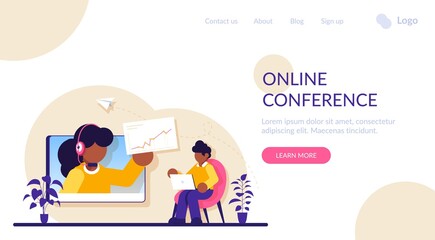 Online business conference concept. Webinar and employees training. Distance education, video tutorial. Meeting and negotiations, partners. Modern flat illustration.