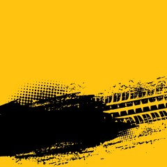 Offroad grunge vector tyre prints with dirty dotted black spot on yellow background. Automobile protector track, rally trace, motocross tires pattern, off road grungy trails with stain textured design © Vector Tradition