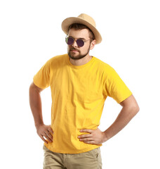 Handsome man with stylish sunglasses on white background