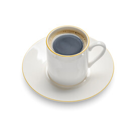Cup of hot espresso on white background