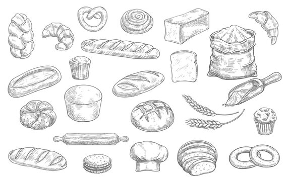 Bakery and pastry shop products sketch vector set. Wheat and rye bread, loaf, challah and baguette, croissant, pretzel and bagel, muffin, cupcake and cookie, rolling pin, toque and flour sack vector