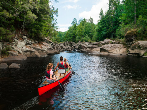 Three young adults in a canoe rowing in river in the wilderness