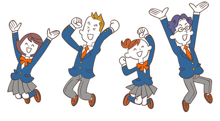 喜んでジャンプする青い制服の男女の学生
