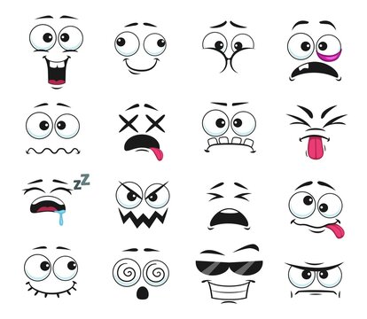 Cartoon face expressions vector icons, funny emoji cool sunglasses, toothy and hypnotized, sleeping, bruise on eye, laughing and sad. Facial emoticon feelings puff out, happy and sad facesisolated set