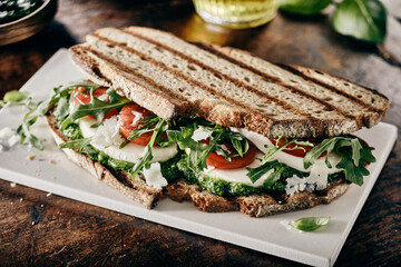 Speciality basil pesto and mozzarella sandwich
